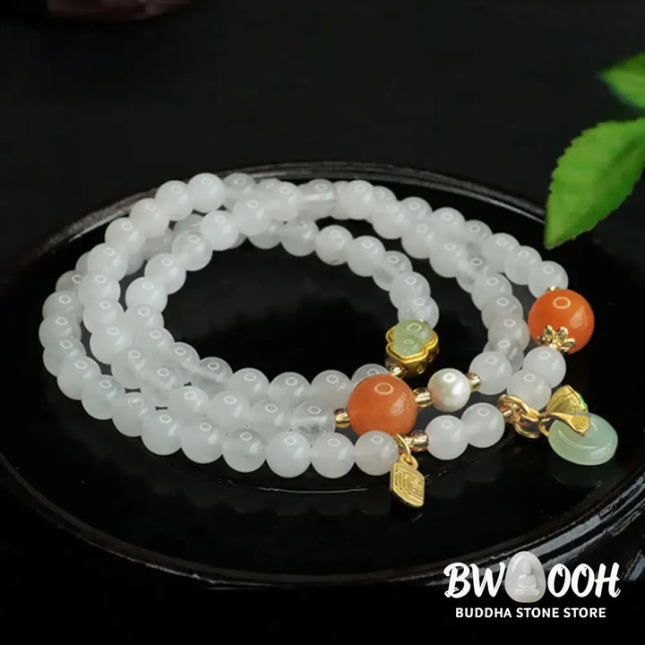Buddha Stones Natural White Jade Multi-layer Gourd Peace Buckle Fu Character Luck Bracelet - BWOOOH - White Jade(Wrist
