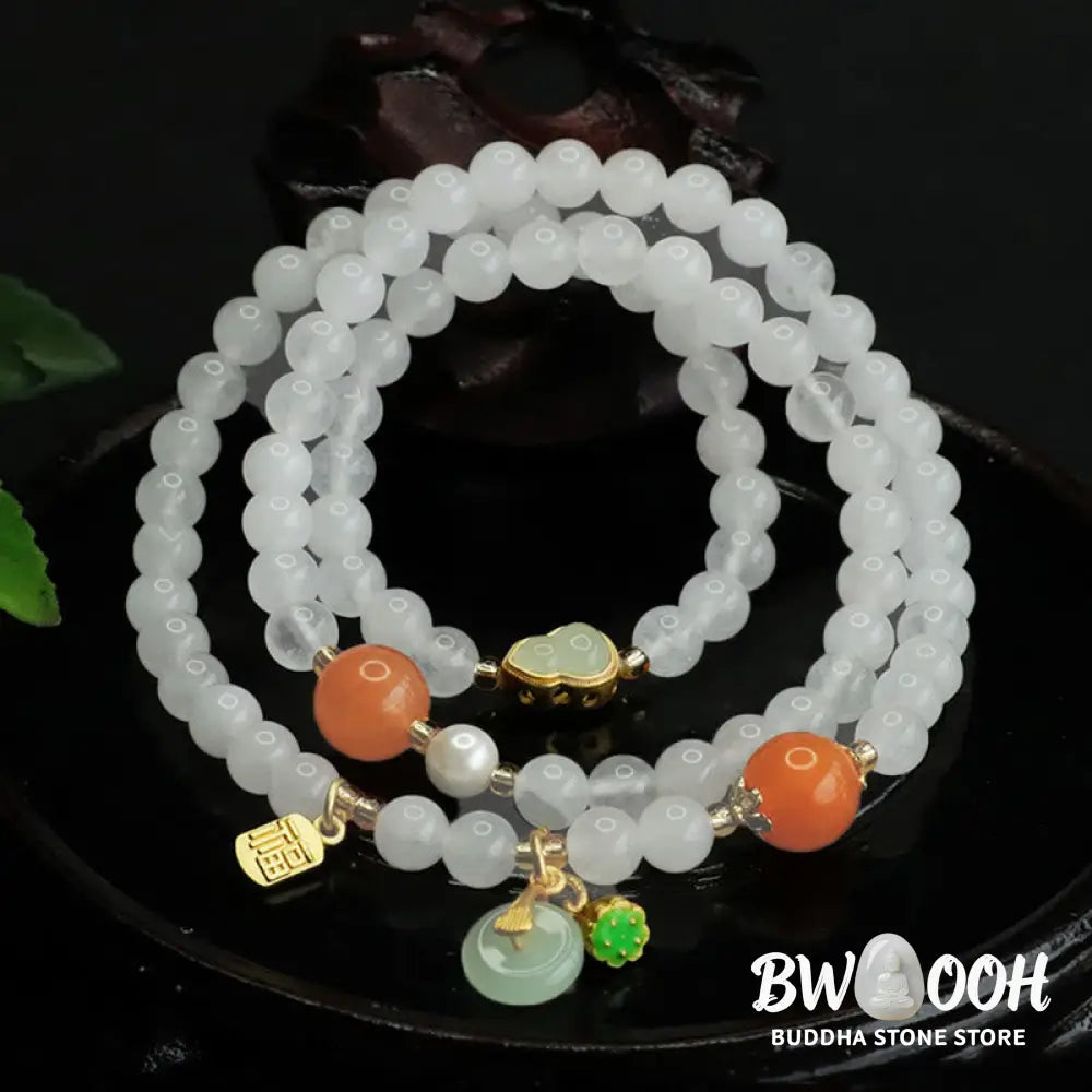 Buddha Stones Natural White Jade Multi-layer Gourd Peace Buckle Fu Character Luck Bracelet - BWOOOH - White Jade(Wrist