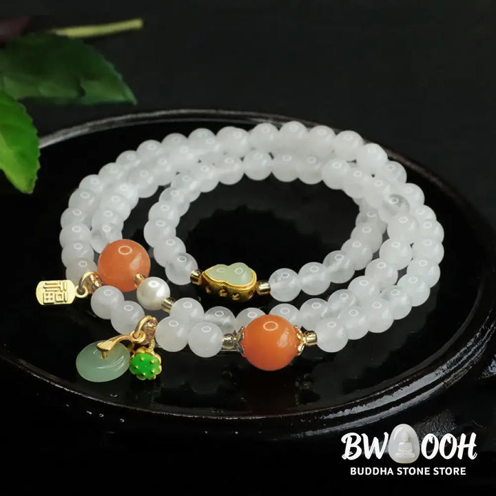 Buddha Stones Natural White Jade Multi-layer Gourd Peace Buckle Fu Character Luck Bracelet - BWOOOH - White Jade(Wrist