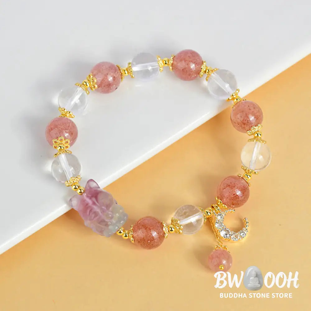 Buddha Stones Natural White Strawberry Quartz Crystal Healing Love Nine Tailed Fox Moon Pendant Bracelet - BWOOOH