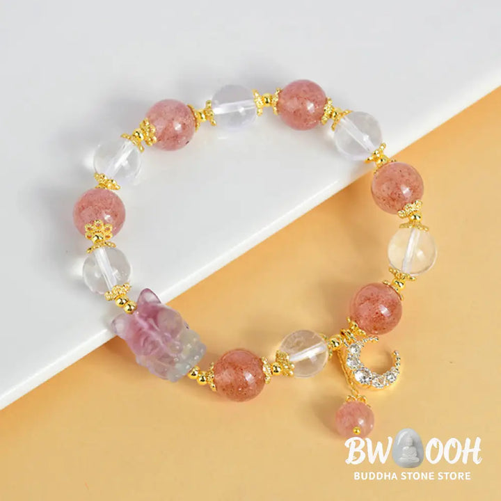 Buddha Stones Natural White Strawberry Quartz Crystal Healing Love Nine Tailed Fox Moon Pendant Bracelet - BWOOOH