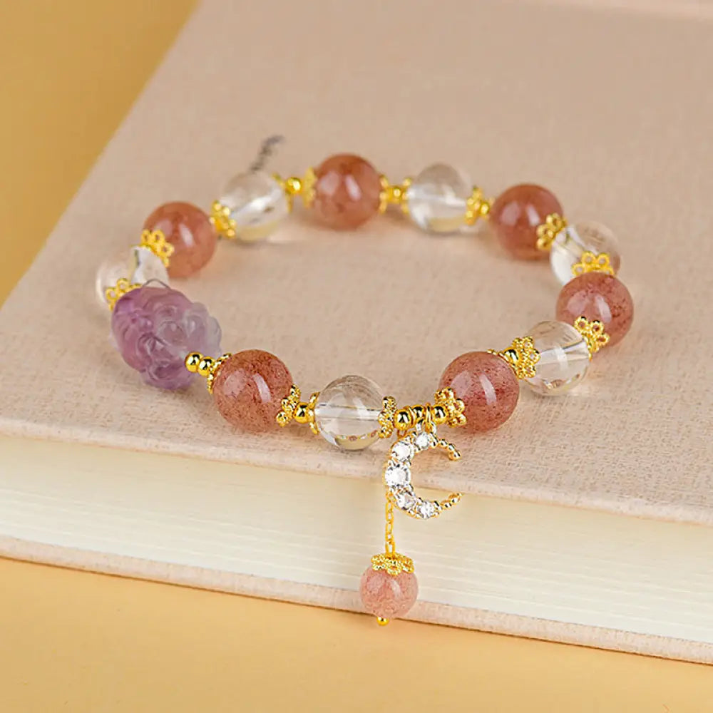 BWOOOH Natural White Strawberry Quartz Crystal Healing Love Nine Tailed Fox Moon Pendant Bracelet - BWOOOH