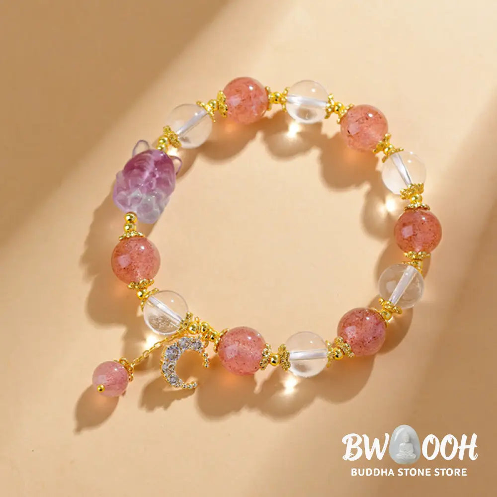 Buddha Stones Natural White Strawberry Quartz Crystal Healing Love Nine Tailed Fox Moon Pendant Bracelet - BWOOOH