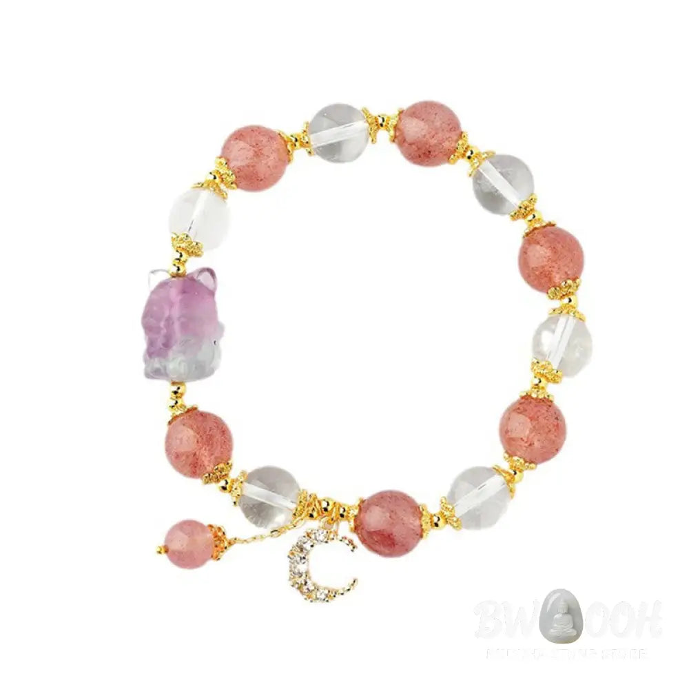 Buddha Stones Natural White Strawberry Quartz Crystal Healing Love Nine Tailed Fox Moon Pendant Bracelet - BWOOOH