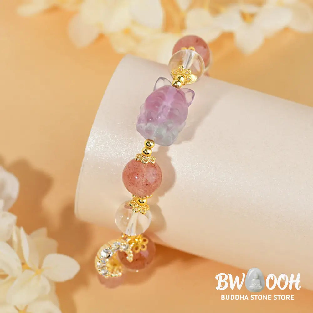 Buddha Stones Natural White Strawberry Quartz Crystal Healing Love Nine Tailed Fox Moon Pendant Bracelet - BWOOOH