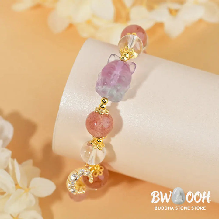 Buddha Stones Natural White Strawberry Quartz Crystal Healing Love Nine Tailed Fox Moon Pendant Bracelet - BWOOOH
