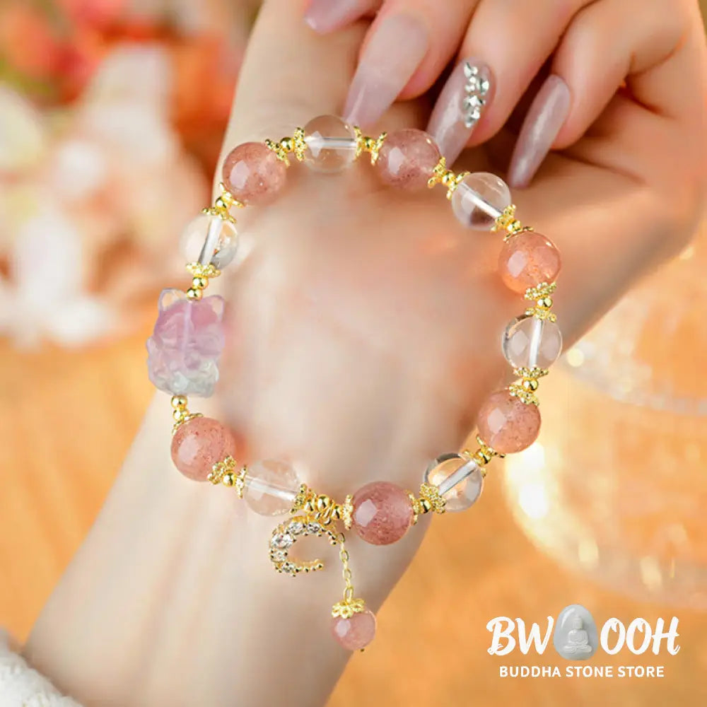 Buddha Stones Natural White Strawberry Quartz Crystal Healing Love Nine Tailed Fox Moon Pendant Bracelet - BWOOOH