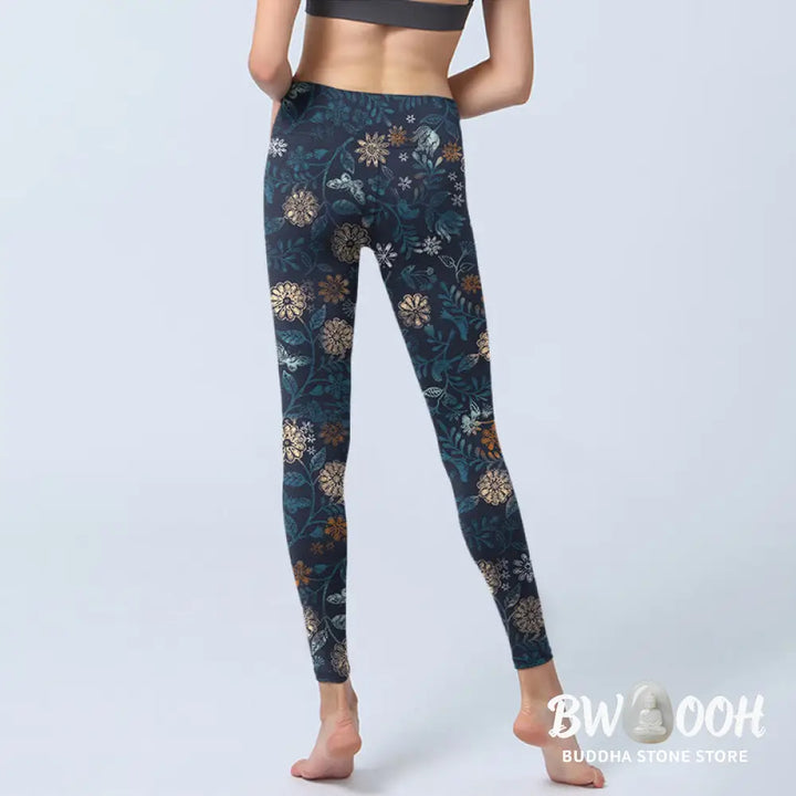 BWOOOH printed yoga leggings - New York Aster Flowers Leaves Print Gym 