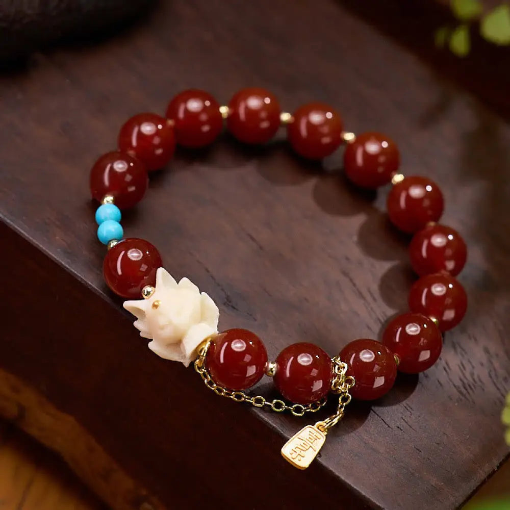 BWOOOH Nine Tailed Fox Joy Red Agate Ivory Fruit Copper Plated Gold Confidence Bracelet — Red Agate spiritual jewelry for ...