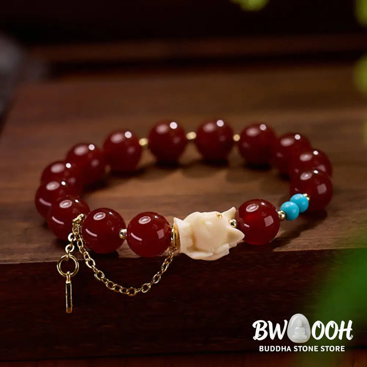 Buddha Stones Nine Tailed Fox Joy Red Agate Ivory Fruit Copper Plated Gold Confidence Bracelet - BWOOOH - Red