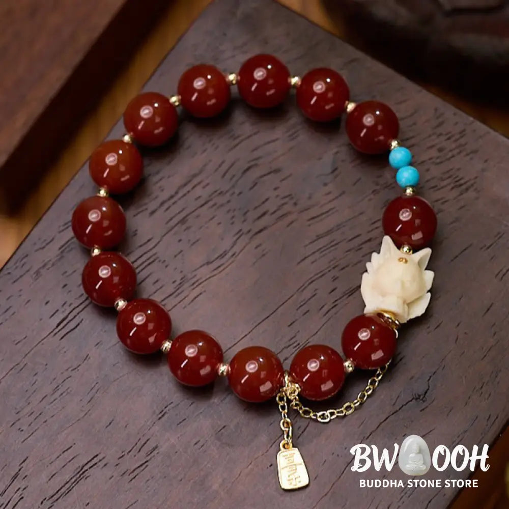 Buddha Stones Nine Tailed Fox Joy Red Agate Ivory Fruit Copper Plated Gold Confidence Bracelet - BWOOOH - Red