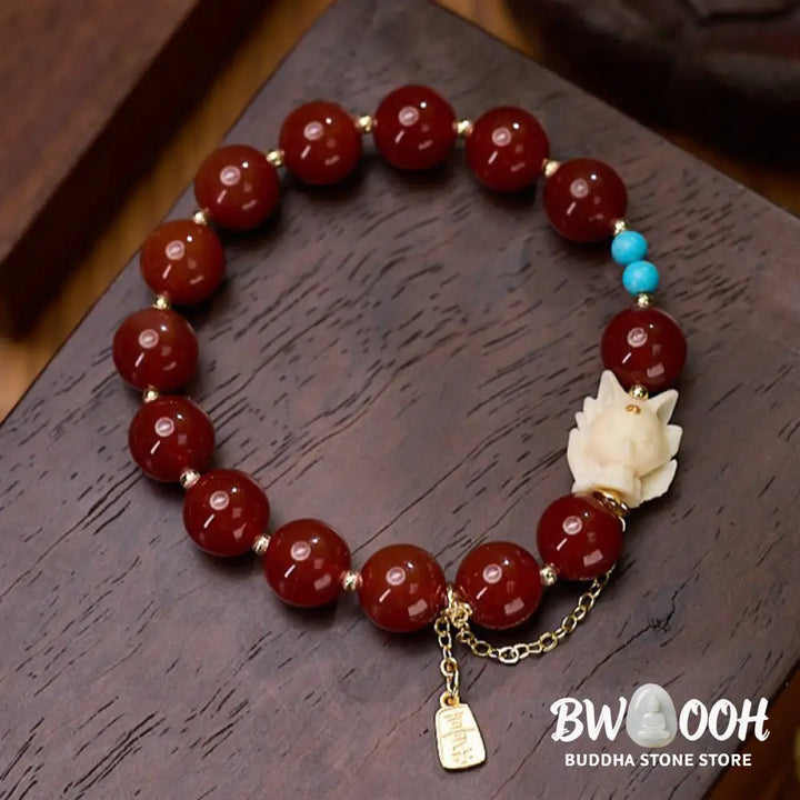 Buddha Stones Nine Tailed Fox Joy Red Agate Ivory Fruit Copper Plated Gold Confidence Bracelet - BWOOOH - Red