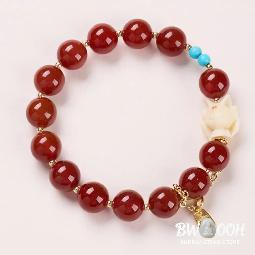 Buddha Stones Nine Tailed Fox Joy Red Agate Ivory Fruit Copper Plated Gold Confidence Bracelet - BWOOOH - Red