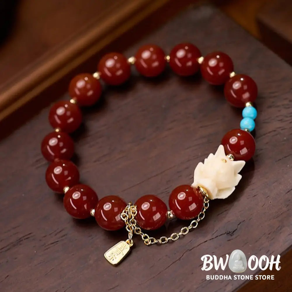 Buddha Stones Nine Tailed Fox Joy Red Agate Ivory Fruit Copper Plated Gold Confidence Bracelet - BWOOOH - Red