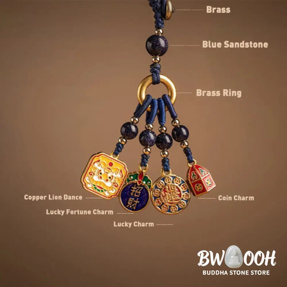 Buddha Stones Nothing to Be Superstitious Dancing Lion Copper Wealth Key Chain - Key Chain