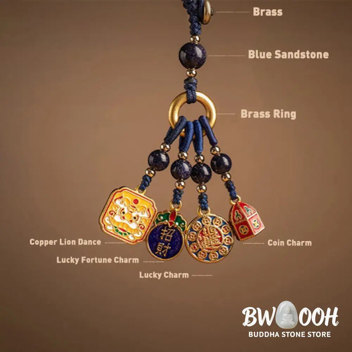 Buddha Stones Nothing to Be Superstitious Dancing Lion Copper Wealth Key Chain - Key Chain