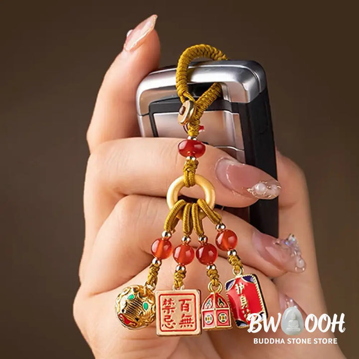 Buddha Stones Nothing to Be Superstitious Dancing Lion Copper Wealth Key Chain - Key Chain