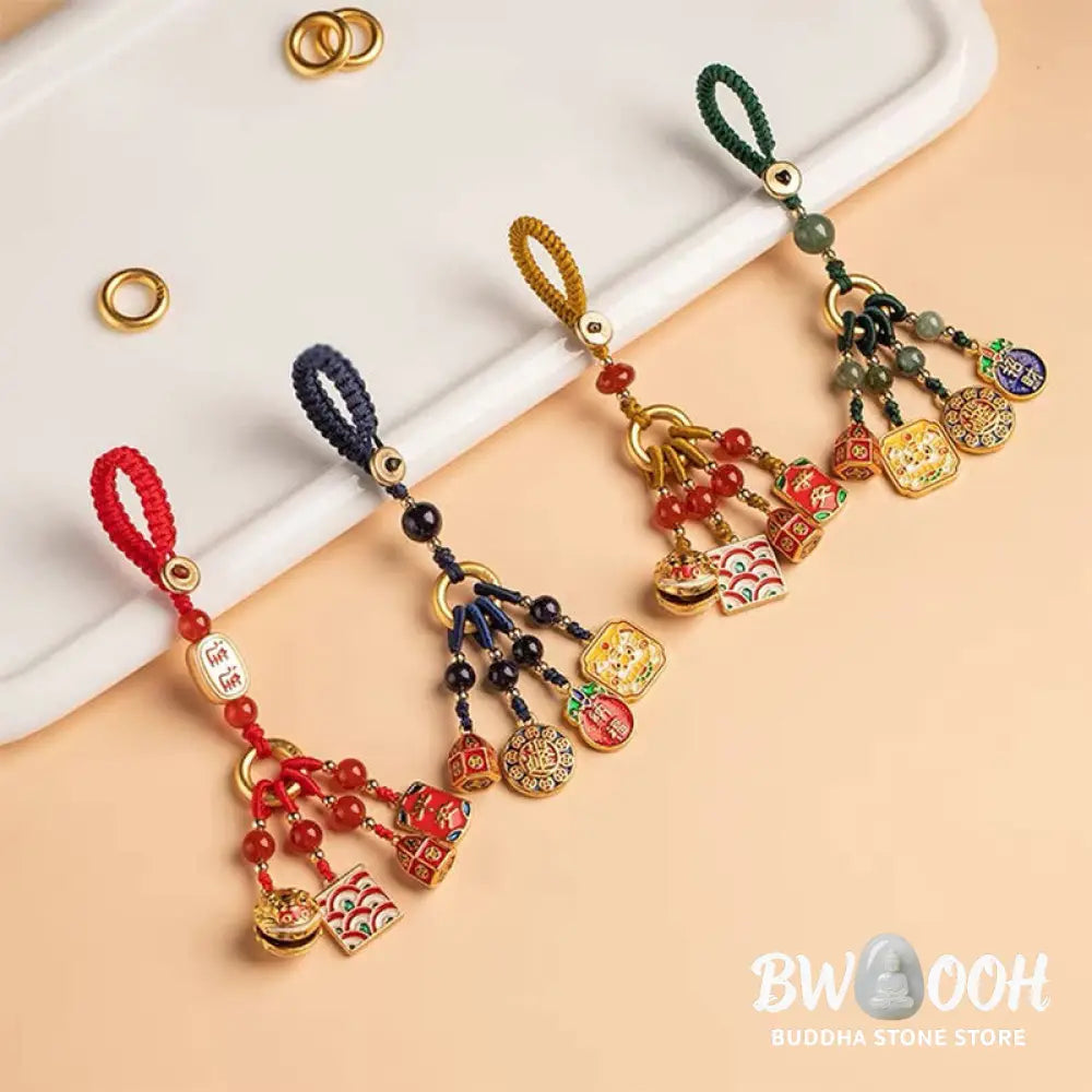 Buddha Stones Nothing to Be Superstitious Dancing Lion Copper Wealth Key Chain - Key Chain