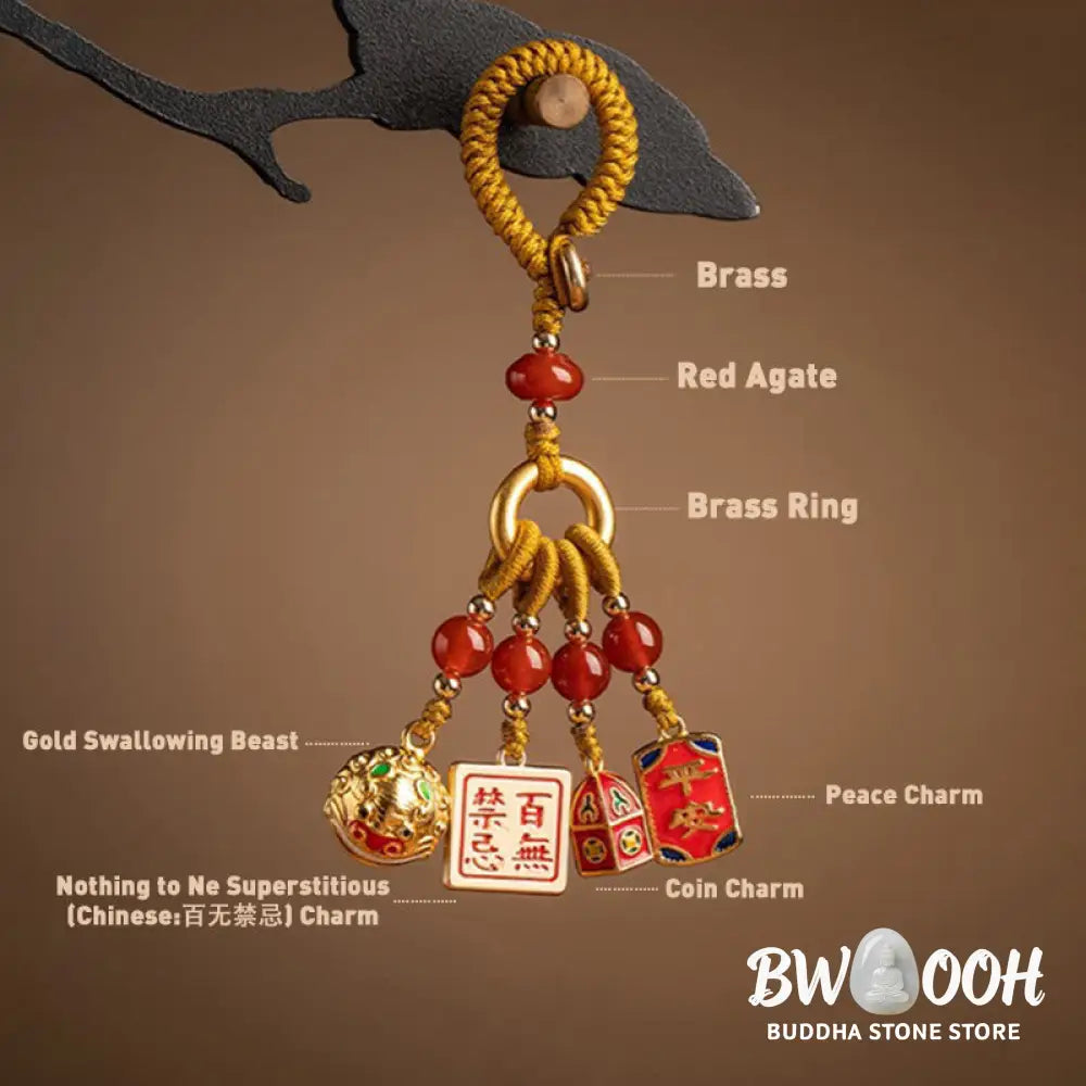 Buddha Stones Nothing to Be Superstitious Dancing Lion Copper Wealth Key Chain - Key Chain