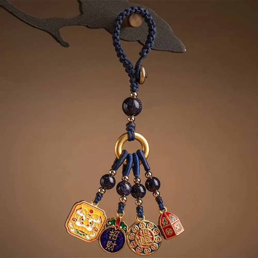 Buddha Stones Nothing to Be Superstitious Dancing Lion Copper Wealth Key Chain - Dark Blue(Dancing Lion Charm) - Key