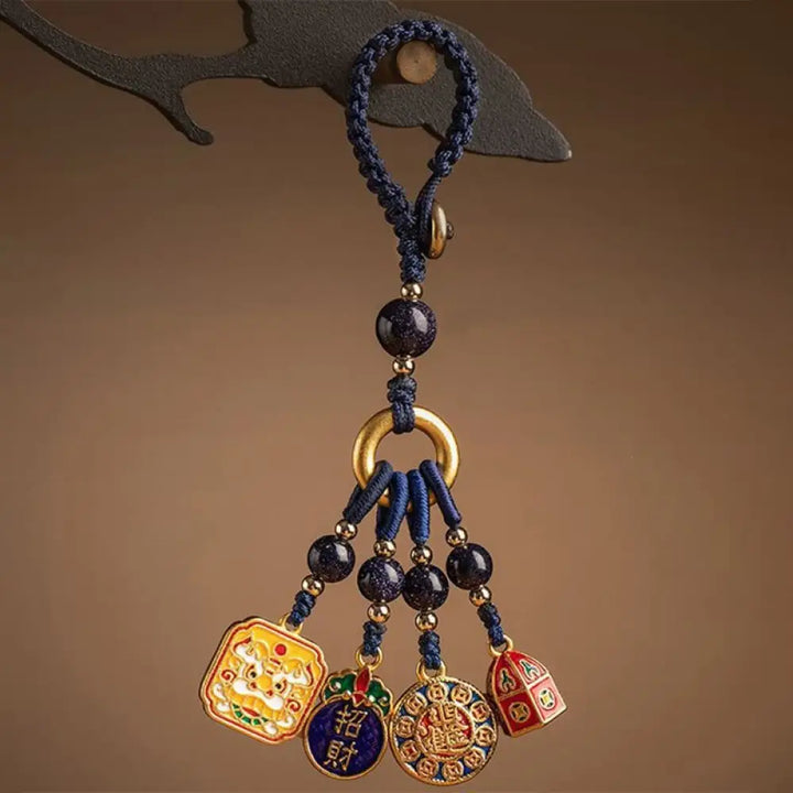 Buddha Stones Nothing to Be Superstitious Dancing Lion Copper Wealth Key Chain - Dark Blue(Dancing Lion Charm) - Key