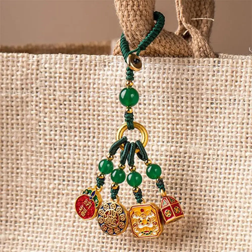 Buddha Stones Nothing to Be Superstitious Dancing Lion Copper Wealth Key Chain - Dark Green(Dancing Lion Charm) - Key