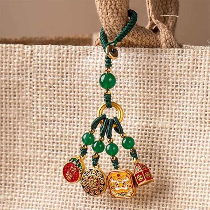 Buddha Stones Nothing to Be Superstitious Dancing Lion Copper Wealth Key Chain - Dark Green(Dancing Lion Charm) - Key