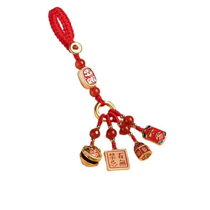 Buddha Stones Nothing to Be Superstitious Dancing Lion Copper Wealth Key Chain - Red(Nothing to Be Superstitious Charm)