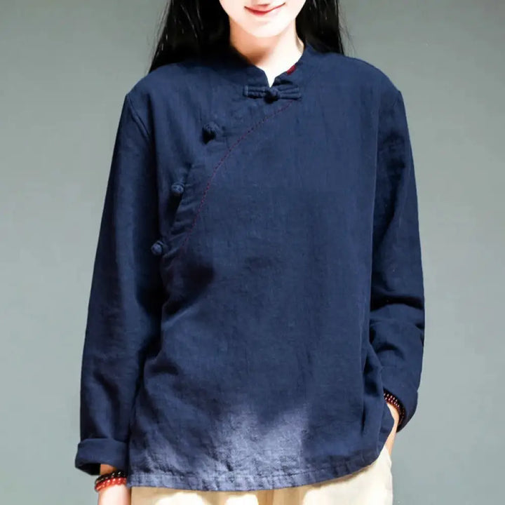 Buddha Stones Oblique Collar Knot button Loose Linen Clothing - MidnightBlue / US4，UK/AU8，EU36 (XL) - Women&