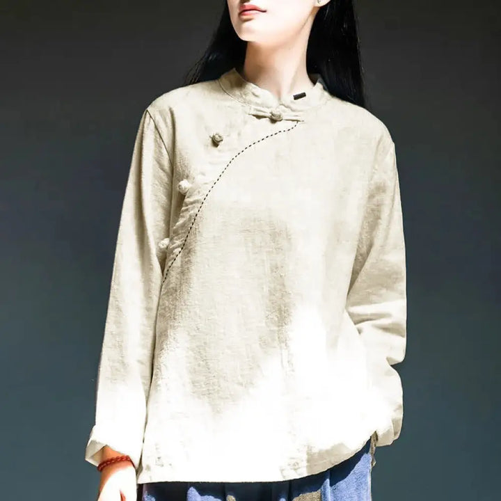 Buddha Stones Oblique Collar Knot button Loose Linen Clothing - White / US4，UK/AU8，EU36 (XL) - Women&