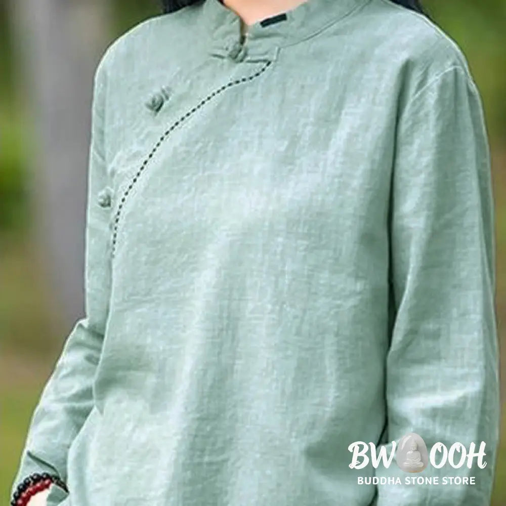 Buddha Stones Oblique Collar Knot button Loose Linen Clothing - Women&