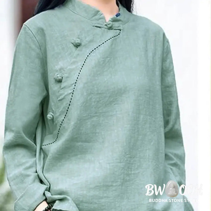 Buddha Stones Oblique Collar Knot button Loose Linen Clothing - Women&