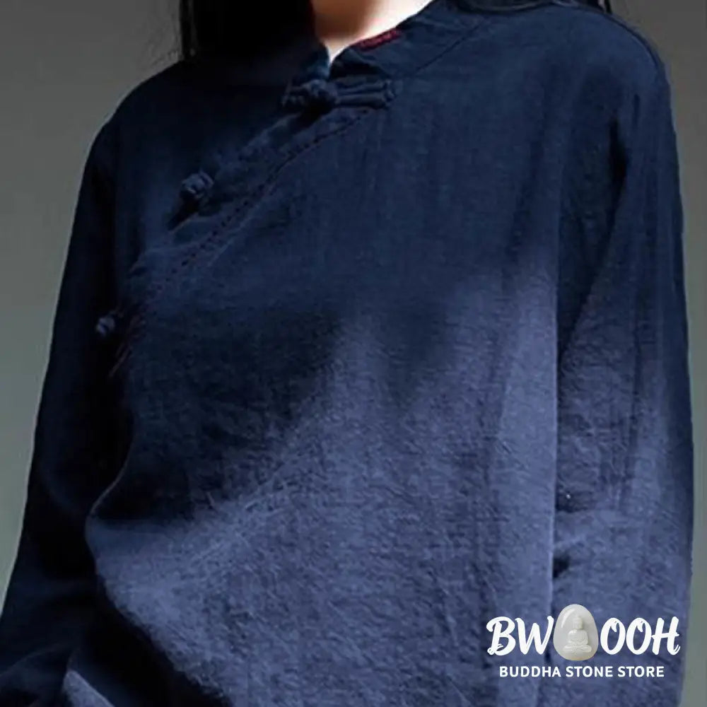 Buddha Stones Oblique Collar Knot button Loose Linen Clothing - Women&