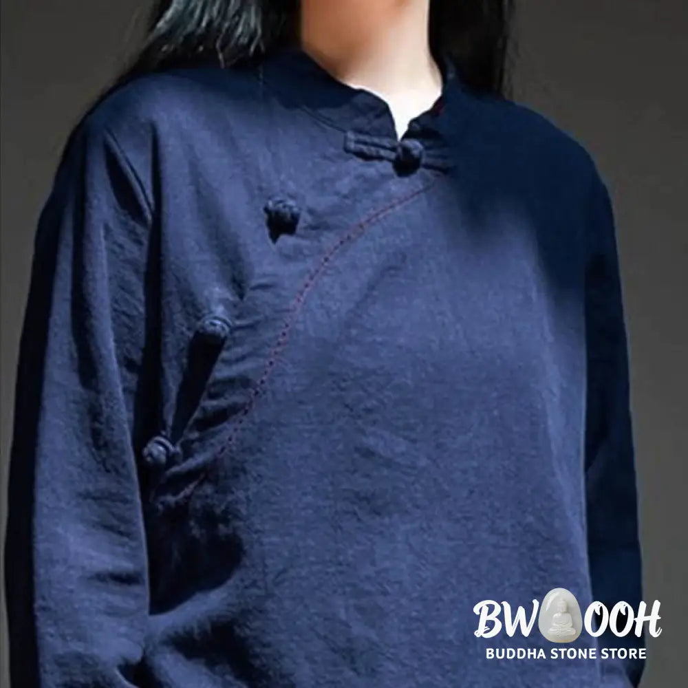 Buddha Stones Oblique Collar Knot button Loose Linen Clothing - Women&