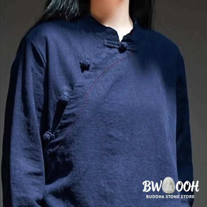 Buddha Stones Oblique Collar Knot button Loose Linen Clothing - Women&
