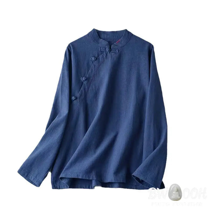 Buddha Stones Oblique Collar Knot button Loose Linen Clothing - Women&