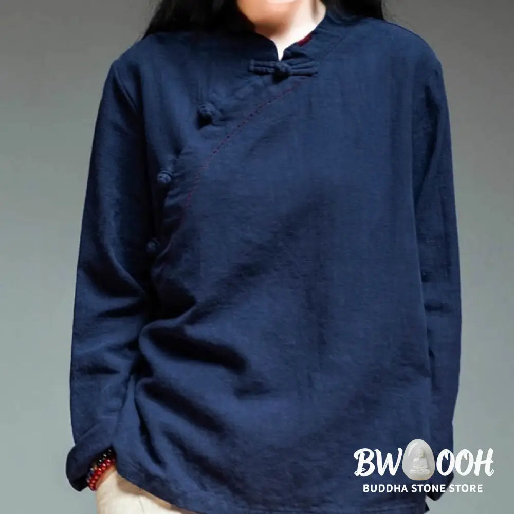 Buddha Stones Oblique Collar Knot button Loose Linen Clothing - Women&