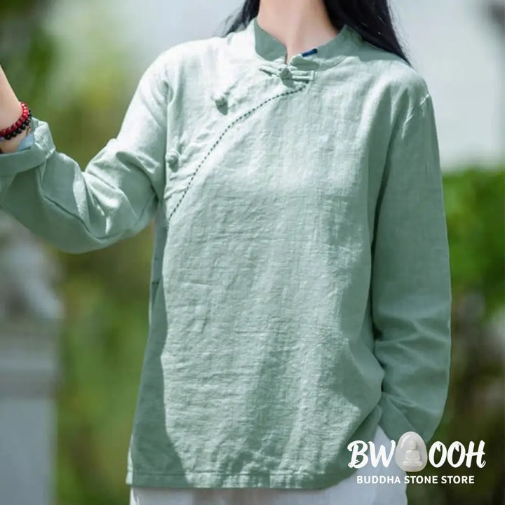 Buddha Stones Oblique Collar Knot button Loose Linen Clothing - Women&