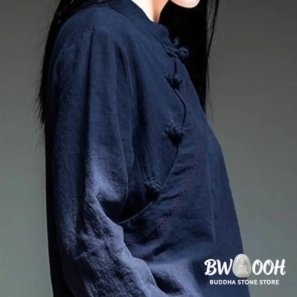 Buddha Stones Oblique Collar Knot button Loose Linen Clothing - Women&
