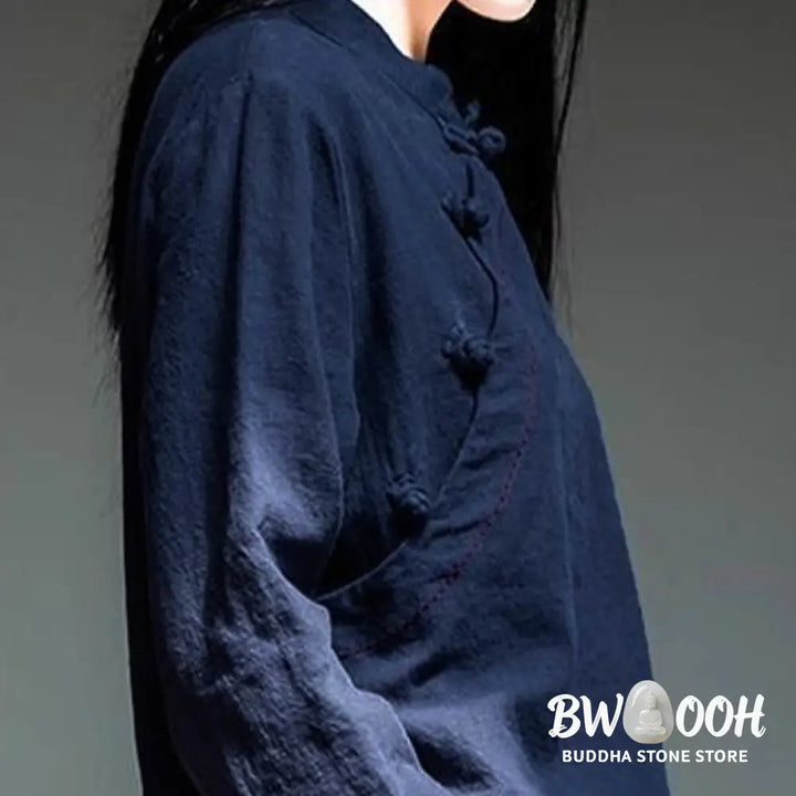 Buddha Stones Oblique Collar Knot button Loose Linen Clothing - Women&