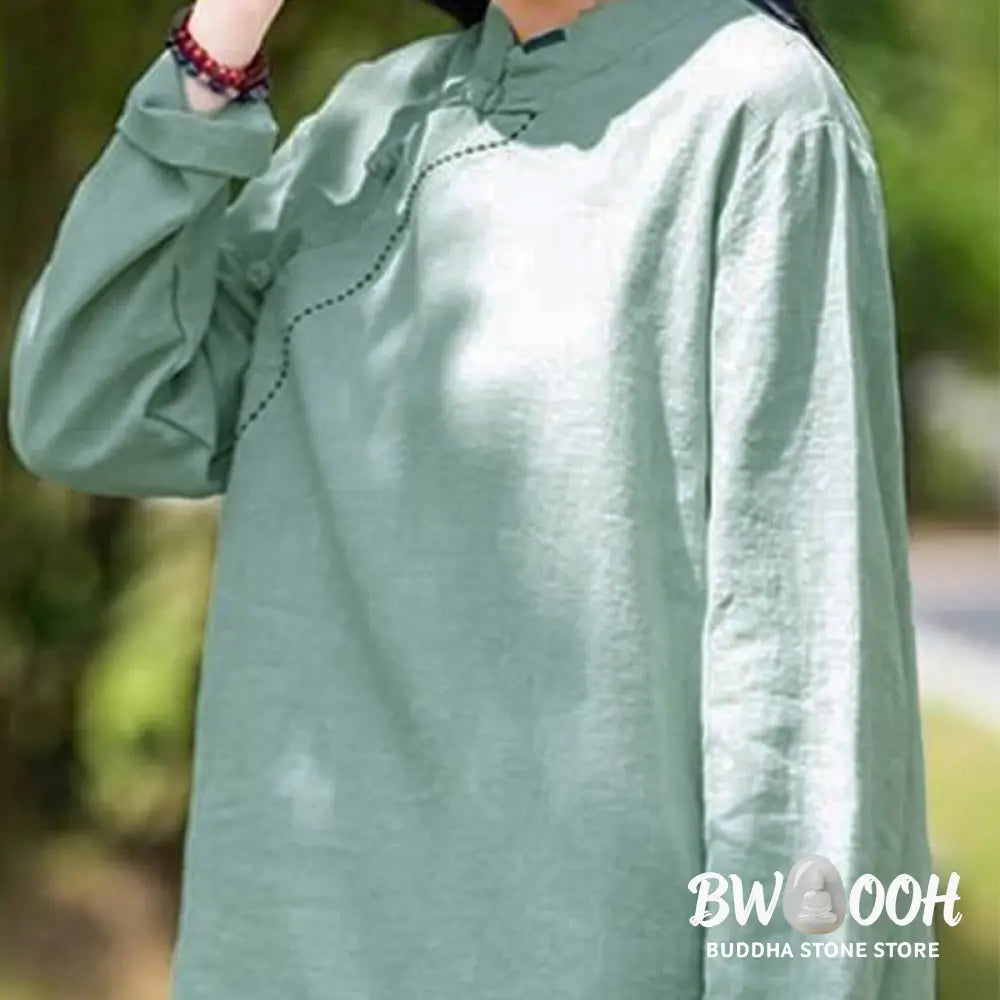 Buddha Stones Oblique Collar Knot button Loose Linen Clothing - Women&