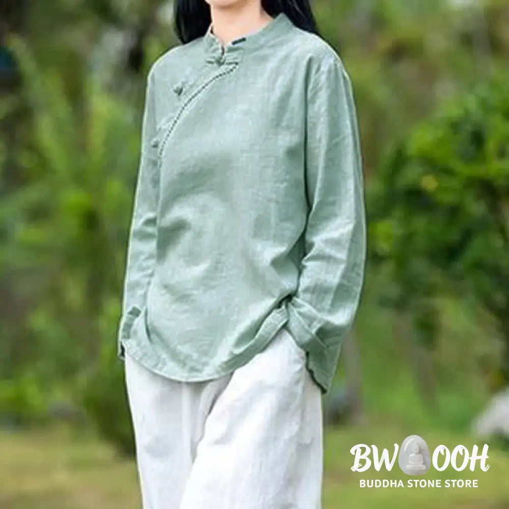 Buddha Stones Oblique Collar Knot button Loose Linen Clothing - Women&