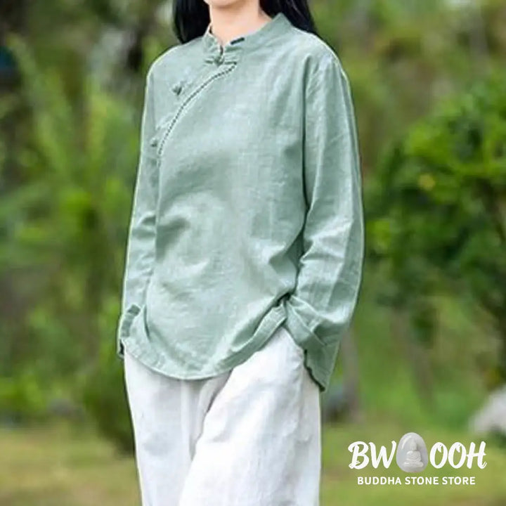 Buddha Stones Oblique Collar Knot button Loose Linen Clothing - Women&