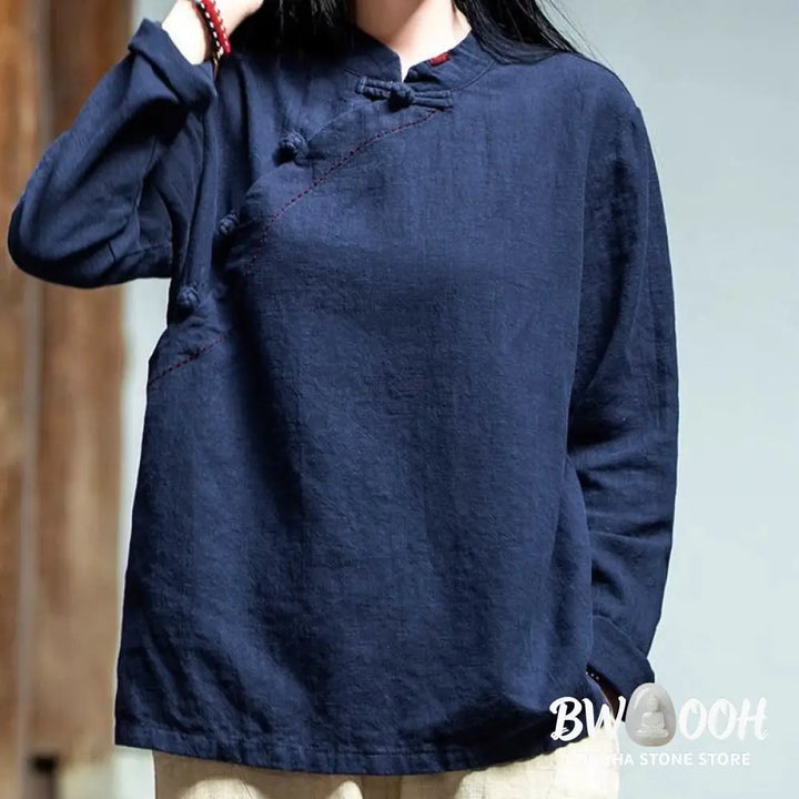 Buddha Stones Oblique Collar Knot button Loose Linen Clothing - Women&