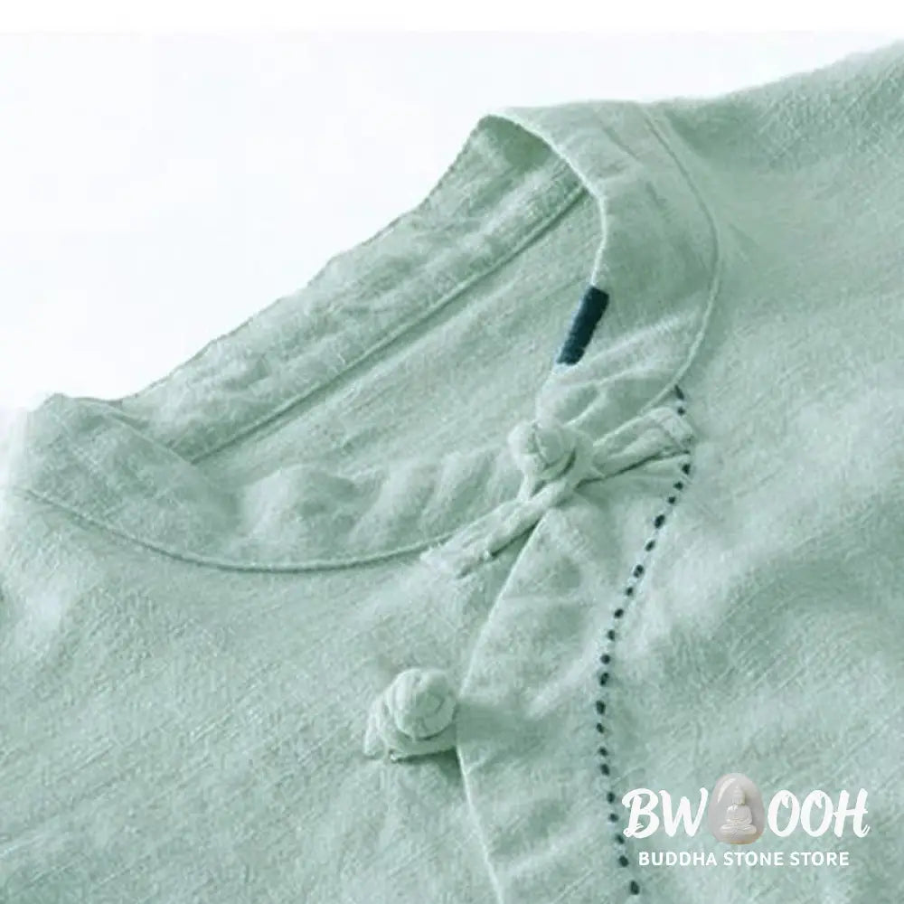 Buddha Stones Oblique Collar Knot button Loose Linen Clothing - Women&