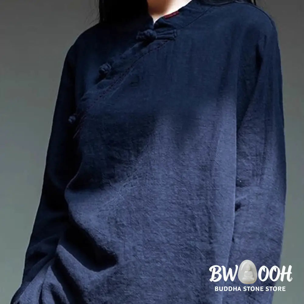 Buddha Stones Oblique Collar Knot button Loose Linen Clothing - Women&