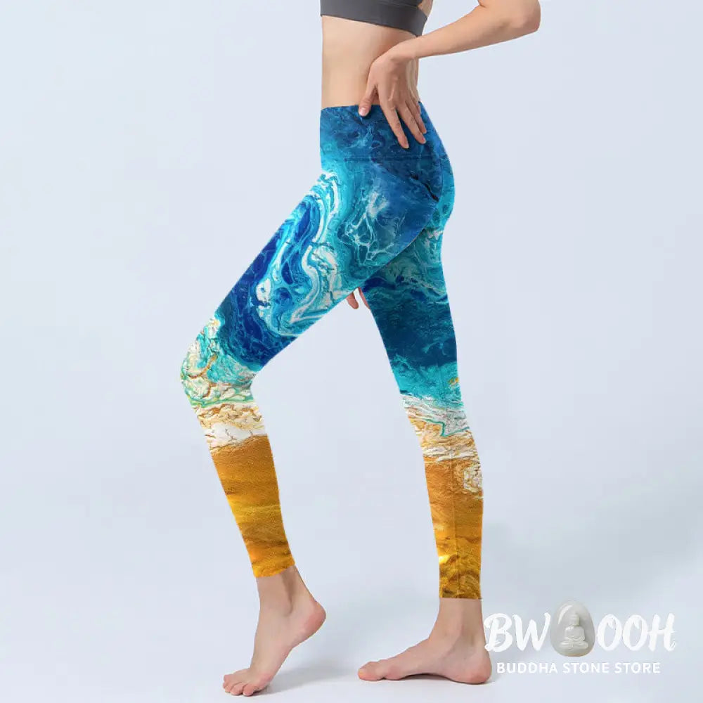 BWOOOH printed yoga leggings - Ocean Wave Golden Shore Pattern Print Gy