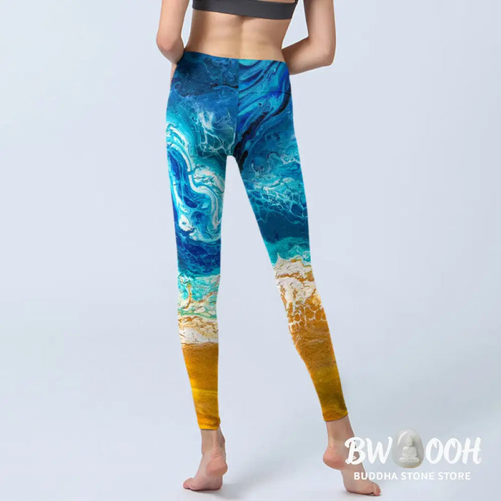BWOOOH printed yoga leggings - Ocean Wave Golden Shore Pattern Print Gy