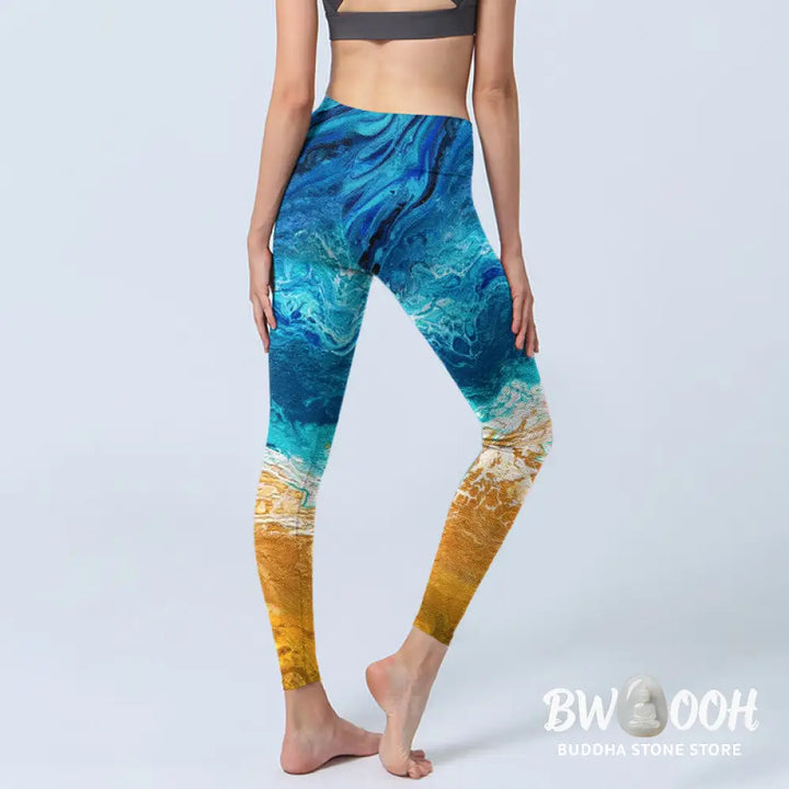 BWOOOH printed yoga leggings - Ocean Wave Golden Shore Pattern Print Gy