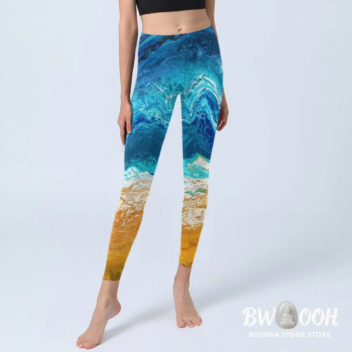 BWOOOH printed yoga leggings - Ocean Wave Golden Shore Pattern Print Gy